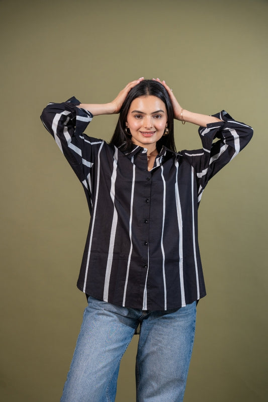 Women cotton black white stripes relaxed fit shirt, front view 3