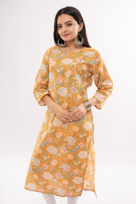 Ekisha women's cotton yellow printed straight floral kurta kurti round neck - Ekisha