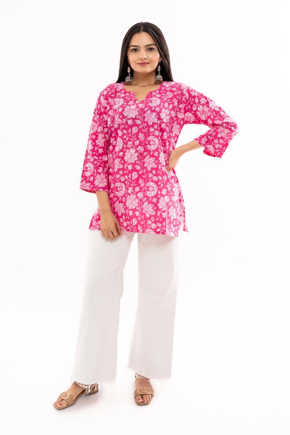 Ekisha's women printed Pink multicolor cotton tunic top short kurti - Ekisha