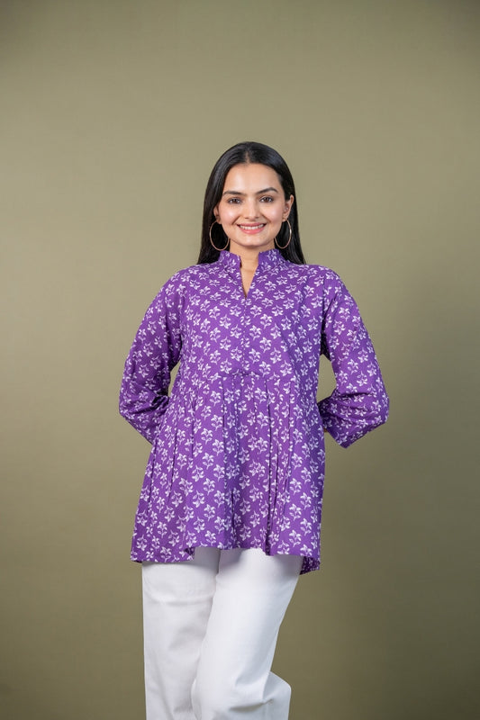 Ekisha's women purple beautiful designer floral printed cotton tunic top short kurti, front view