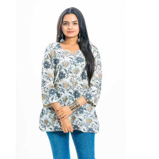 Ekisha's women everyday white multicolor printed cotton tunic top short kurti - Ekisha