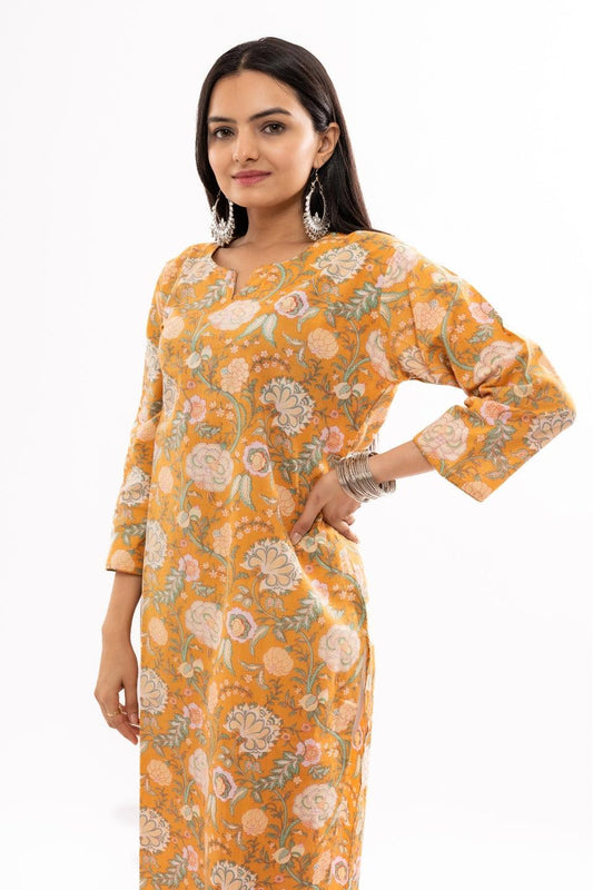 Ekisha women's cotton yellow printed straight floral kurta kurti round neck - Ekisha