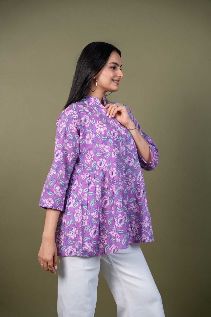 Ekisha's women purple multicolor designer floral printed cotton tunic top short kurti, side view 4