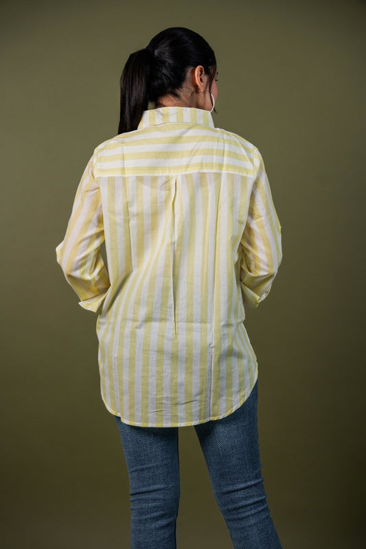 Women cotton white yellow stripes relaxed fit shirt, back view