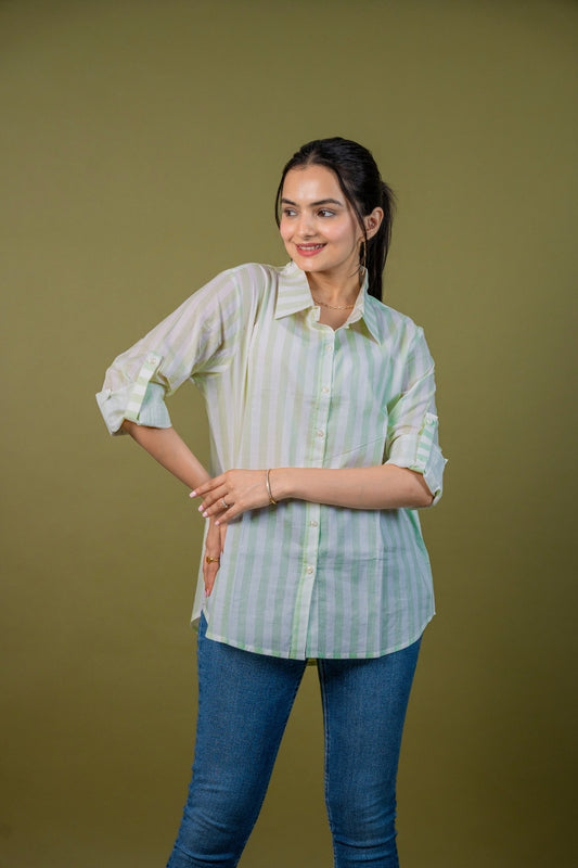 Women cotton white green stripes relaxed fit shirt, front view 3