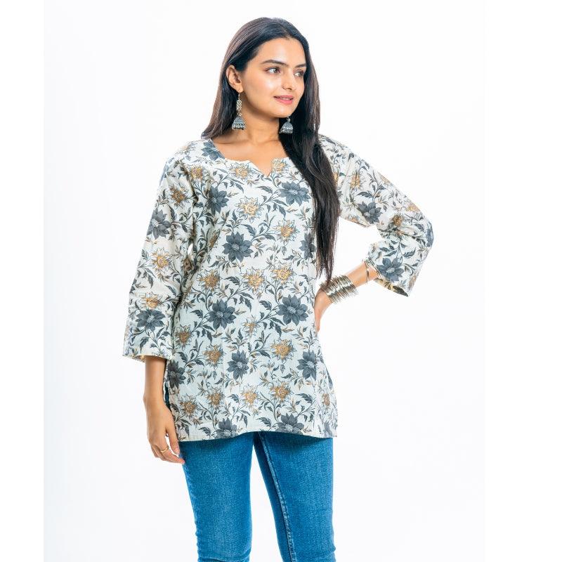 Ekisha's women everyday white multicolor printed cotton tunic top short kurti - Ekisha