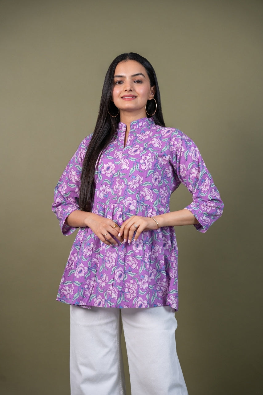 Ekisha's women purple multicolor designer floral printed cotton tunic top short kurti, front view 4
