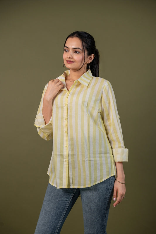Women cotton white yellow stripes relaxed fit shirt, front view 5