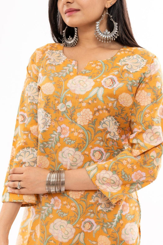 Ekisha women's cotton yellow printed straight floral kurta kurti round neck - Ekisha