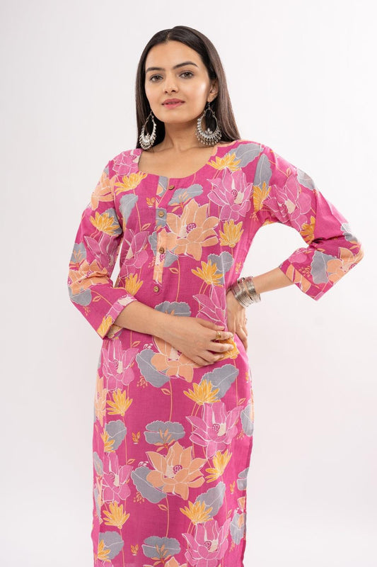 Ekisha women's cotton pink printed straight floral kurta kurti round neck - Ekisha