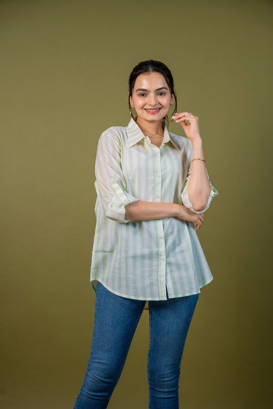 Women cotton white green stripes relaxed fit shirt, front view 4