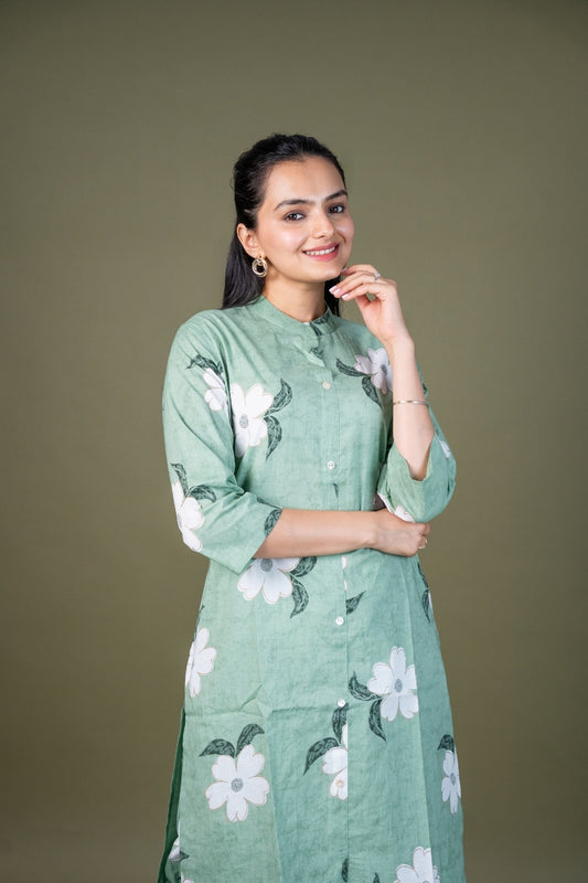 Ekisha's women pista green multicolor floral printed cotton co-ord set lounge wear, front view