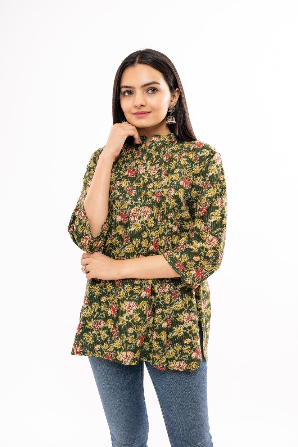 Ekisha's women green floral printed kantha cotton tunic top short kurti - Ekisha