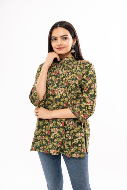 Ekisha's women green floral printed kantha cotton tunic top short kurti - Ekisha