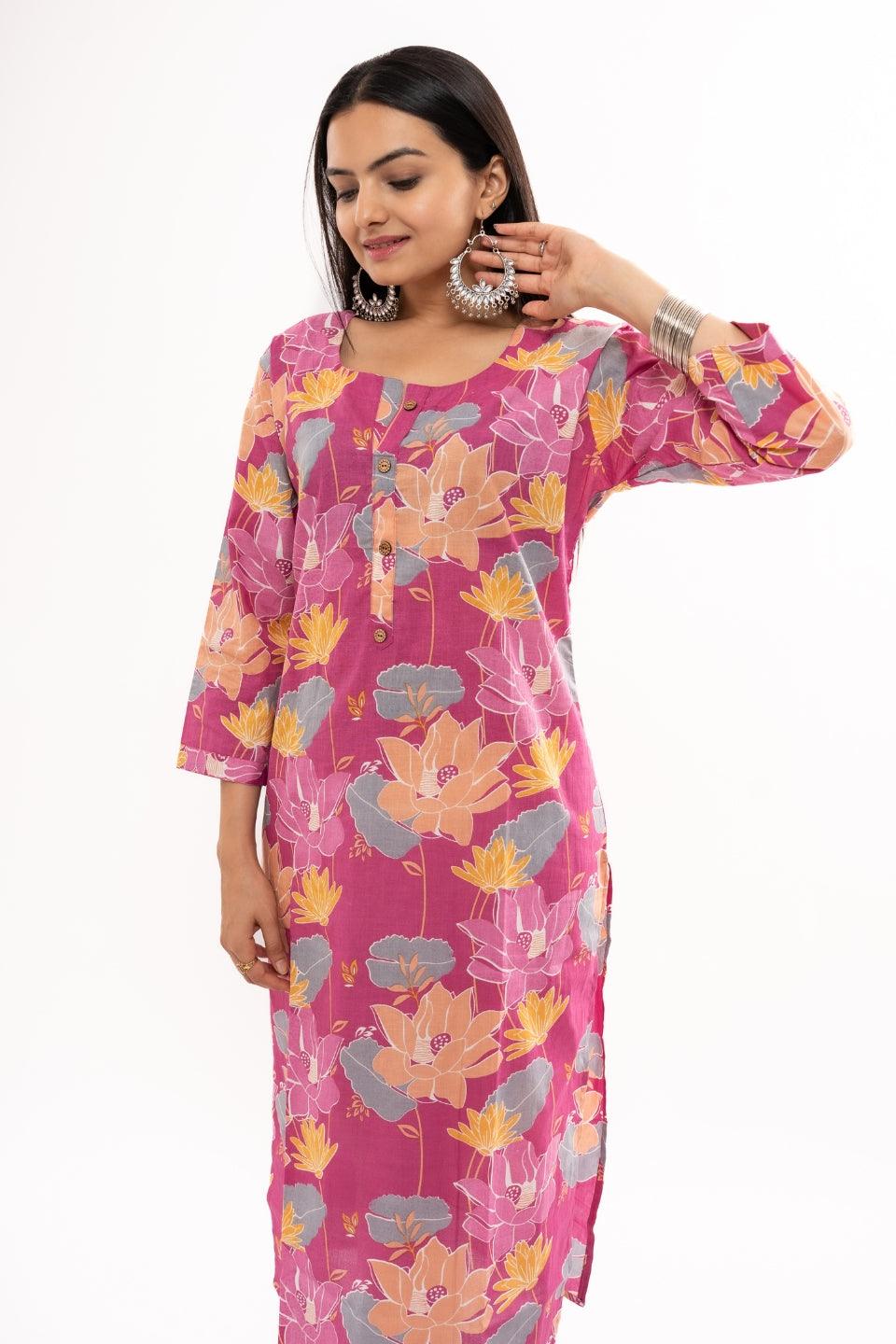 Ekisha women's cotton pink printed straight floral kurta kurti round neck - Ekisha