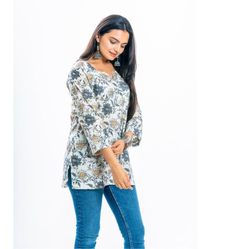Ekisha's women everyday white multicolor printed cotton tunic top short kurti - Ekisha