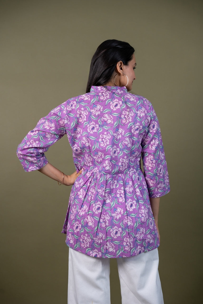 Ekisha's women purple multicolor designer floral printed cotton tunic top short kurti, back view