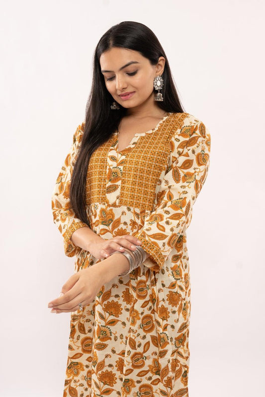 Ekisha's women cotton printed mustard multicolor kurta and pant set - Ekisha