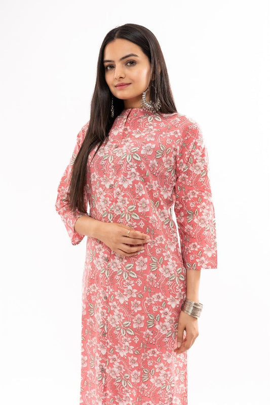 Ekisha women's cotton pink white floral printed straight kurta kurti round neck - Ekisha