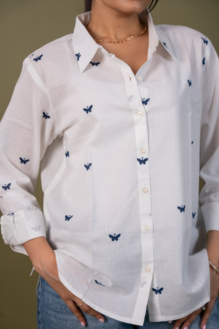 Women cotton white butterfly relaxed fit shirt, detailed view