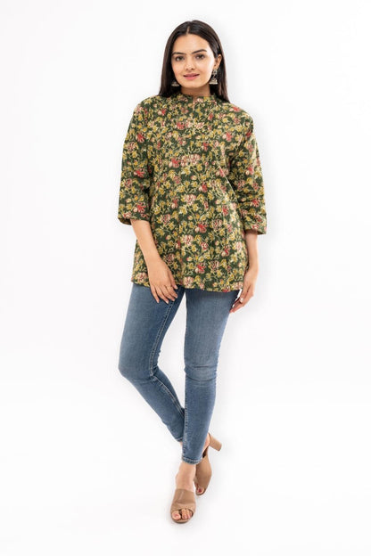 Ekisha's women green floral printed kantha cotton tunic top short kurti - Ekisha