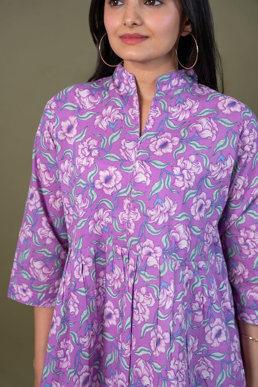Ekisha's women purple multicolor designer floral printed cotton tunic top short kurti, detailed view