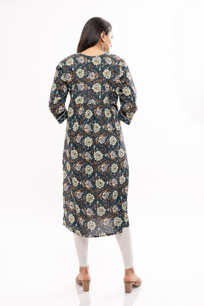 Ekisha women's cotton blue multicolor kalamkari printed straight kurta kurti round neck - Ekisha
