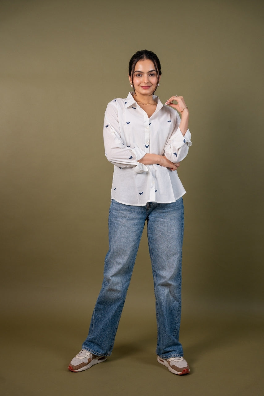 Women cotton white butterfly relaxed fit shirt, front view 4