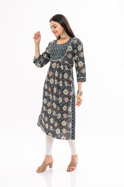 Ekisha women's cotton blue multicolor kalamkari printed straight kurta kurti round neck - Ekisha