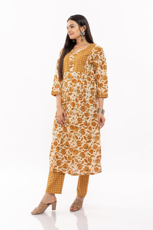 Ekisha's women cotton printed mustard multicolor kurta and pant set - Ekisha