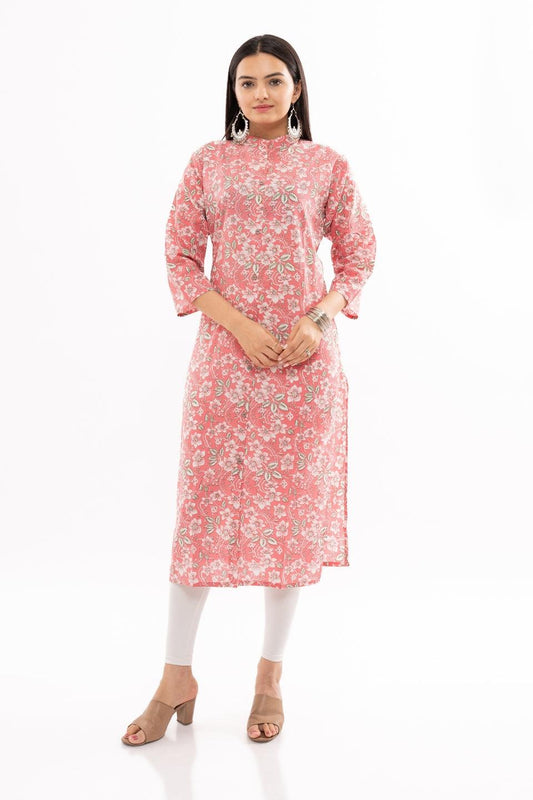 Ekisha women's cotton pink white floral printed straight kurta kurti round neck - Ekisha