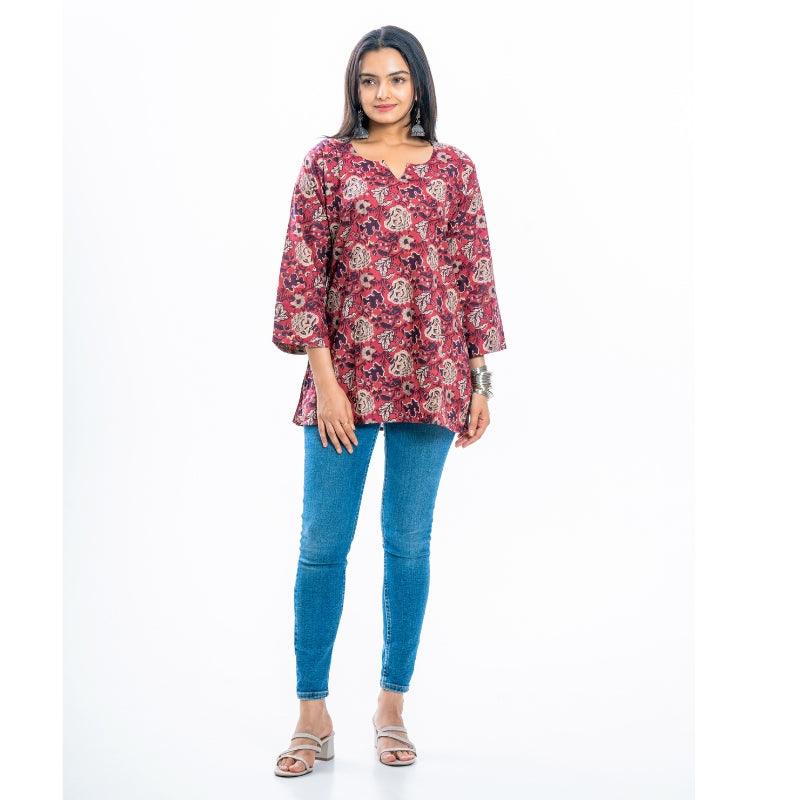 Ekisha's women rich red designer multicolor printed cotton tunic top short kurti - Ekisha