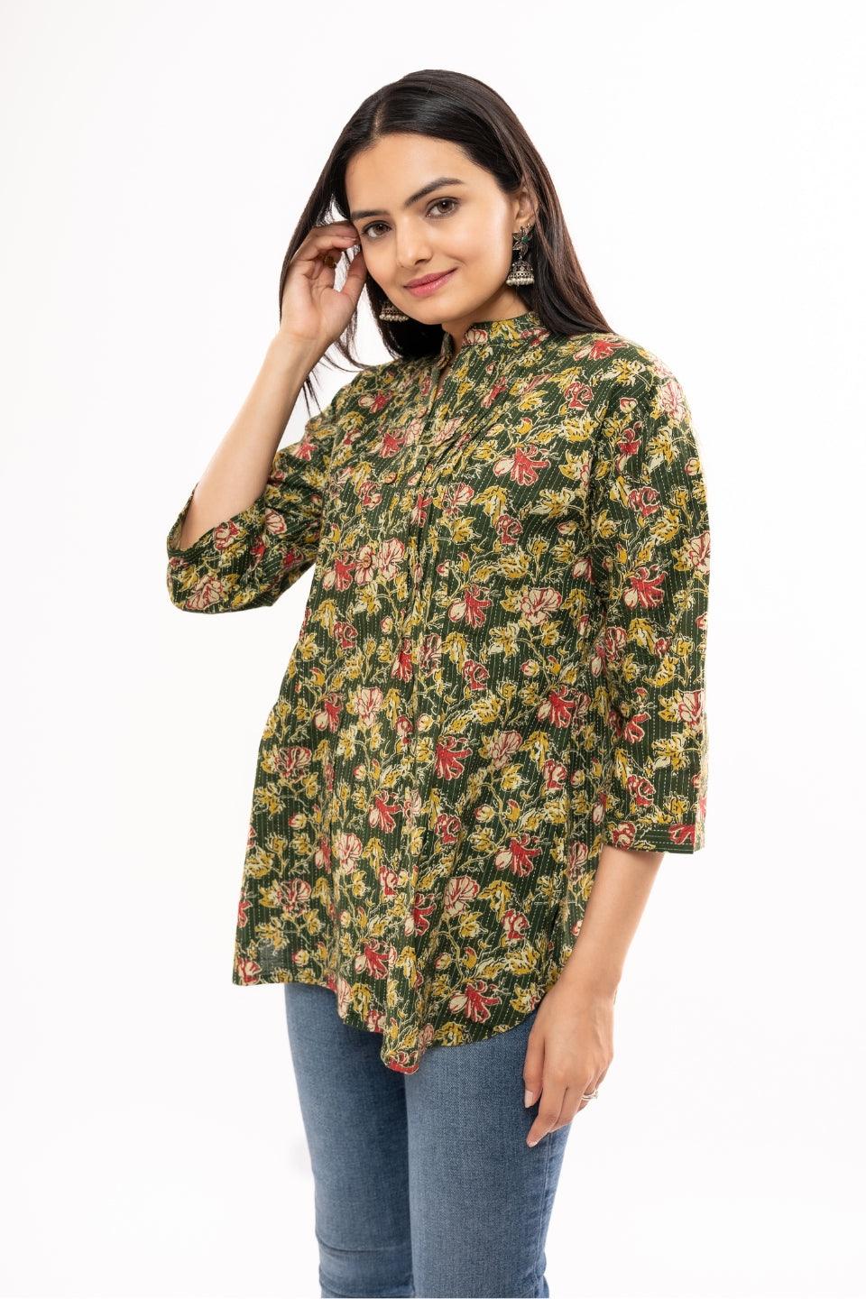 Ekisha's women green floral printed kantha cotton tunic top short kurti - Ekisha