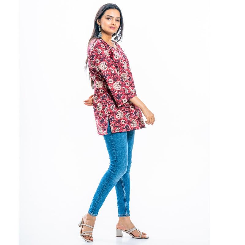 Ekisha's women rich red designer multicolor printed cotton tunic top short kurti - Ekisha