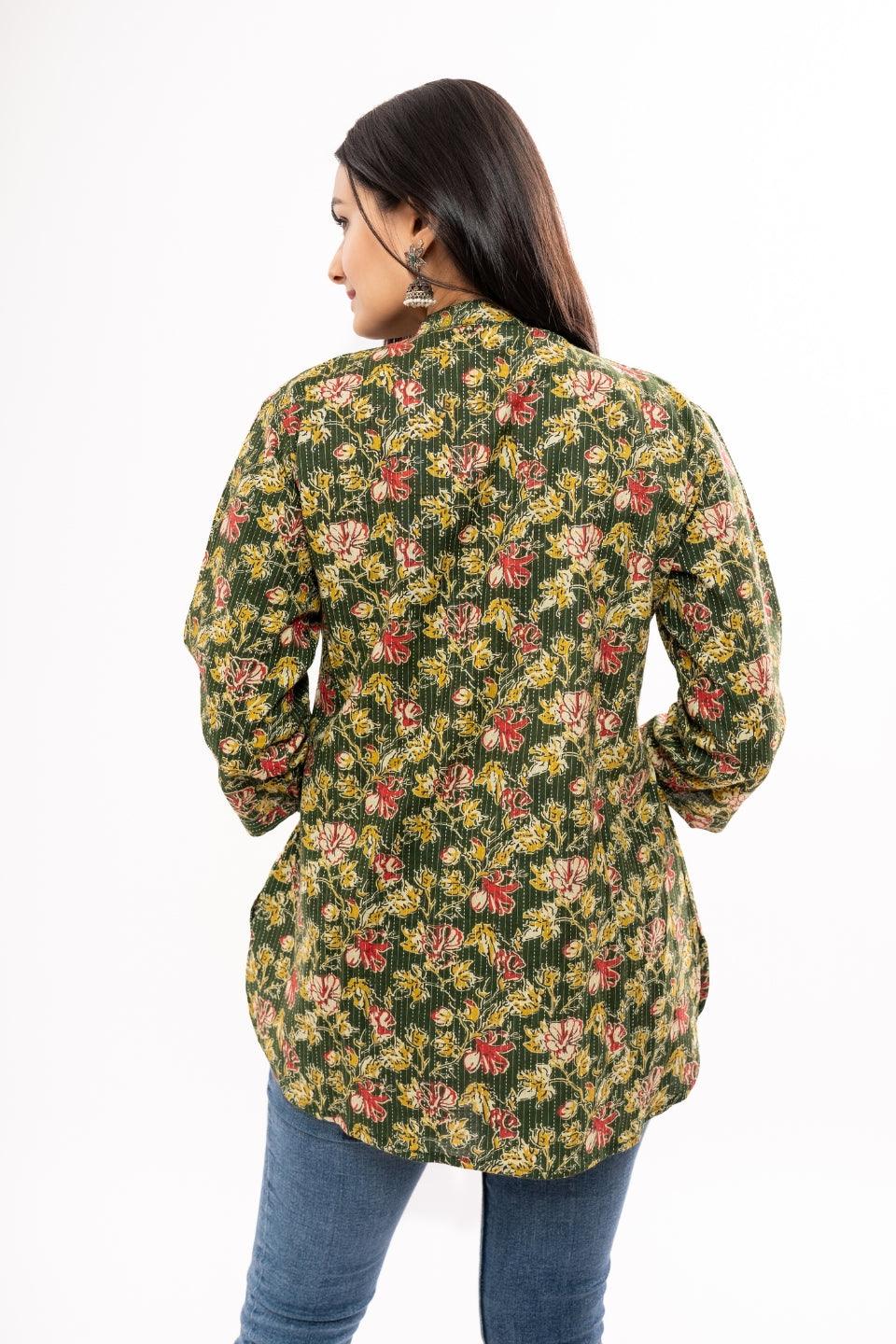 Ekisha's women green floral printed kantha cotton tunic top short kurti - Ekisha