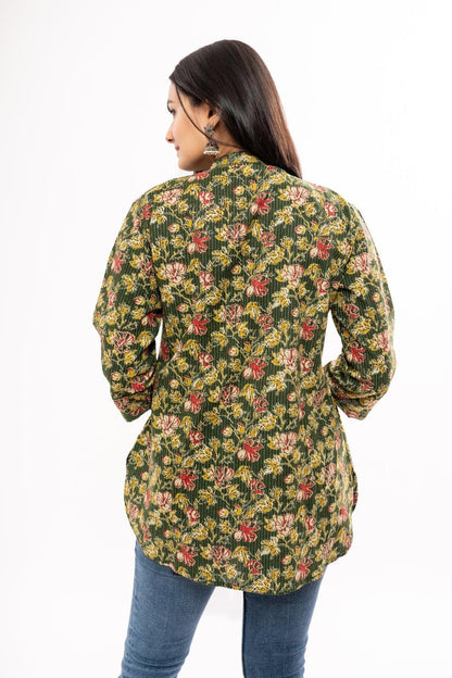 Ekisha's women green floral printed kantha cotton tunic top short kurti - Ekisha