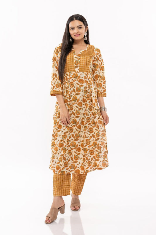 Ekisha's women cotton printed mustard multicolor kurta and pant set - Ekisha