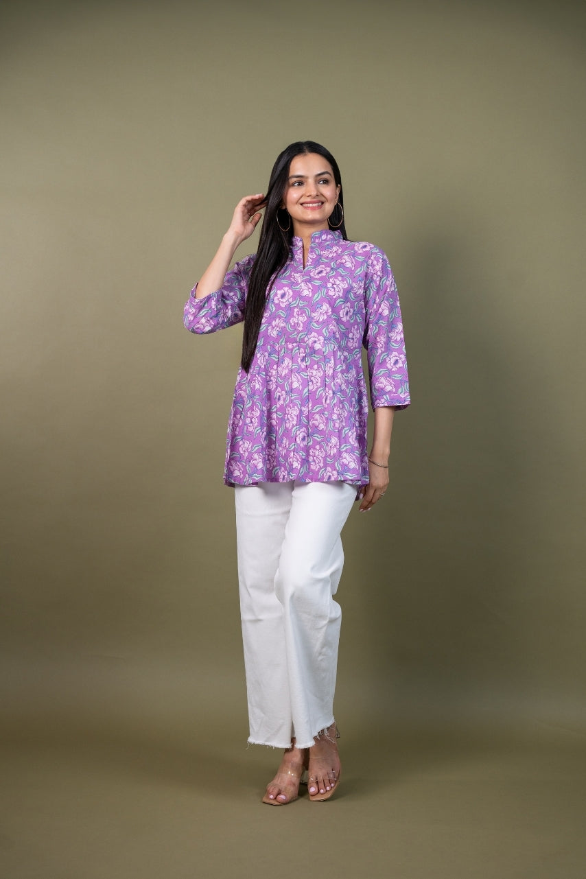 Ekisha's women purple multicolor designer floral printed cotton tunic top short kurti, front view 5