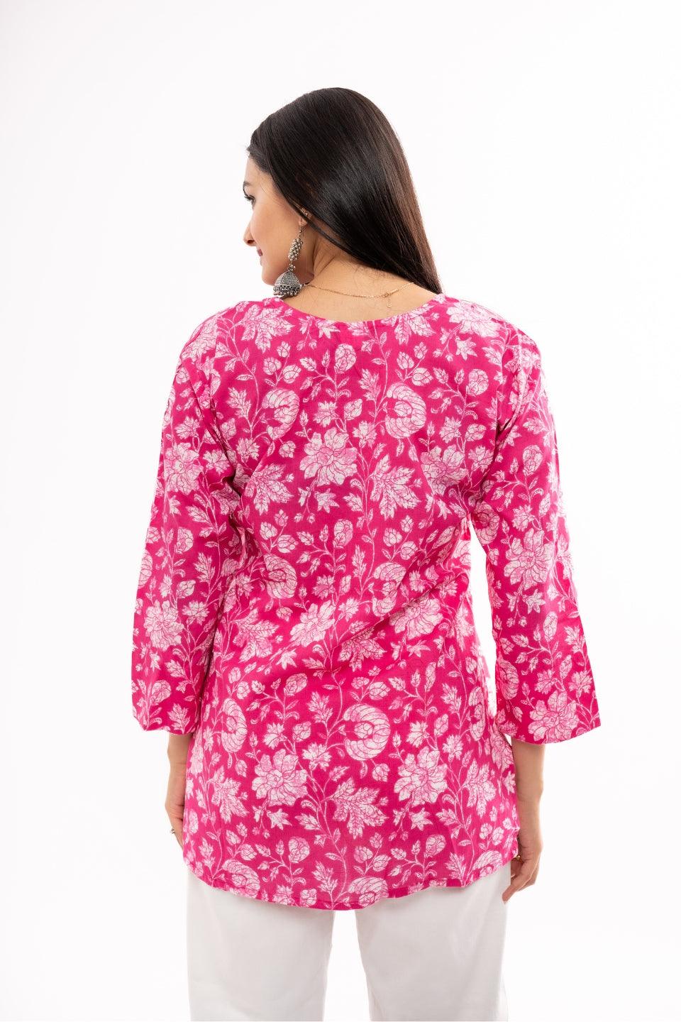 Ekisha's women printed Pink multicolor cotton tunic top short kurti - Ekisha