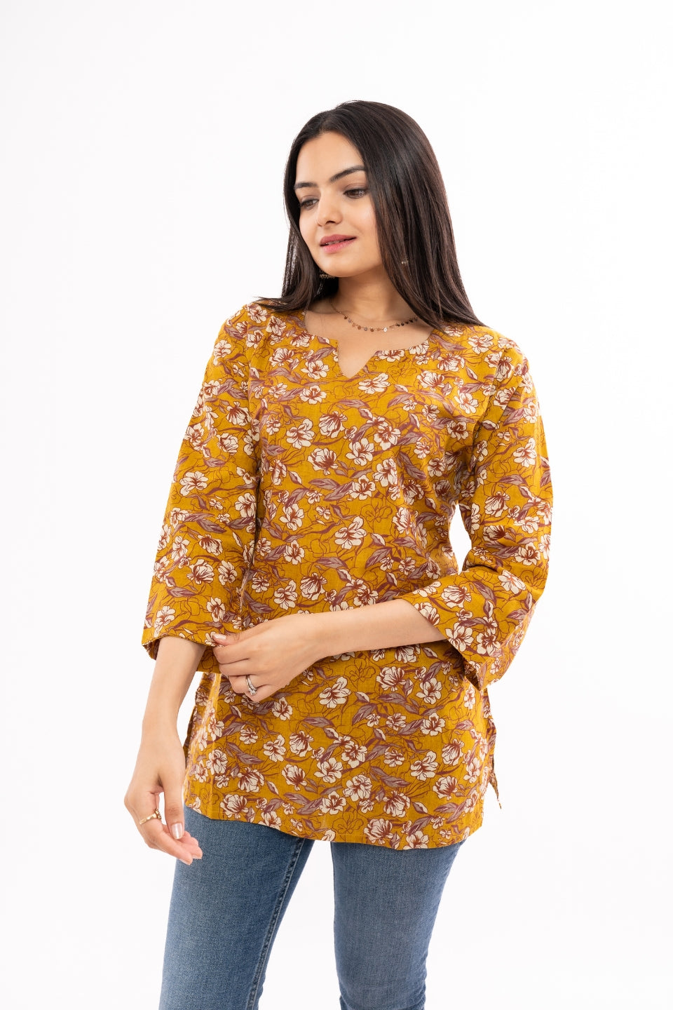 Women Mustard Floral Printed Pure Cotton Empire Tops main image 0