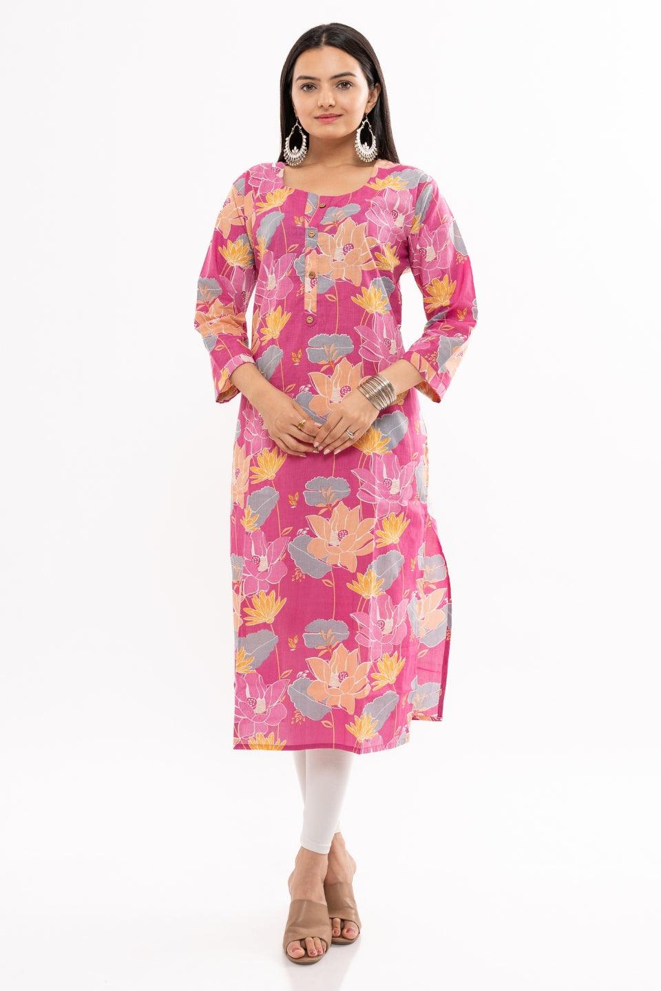 Ekisha women's cotton pink printed straight floral kurta kurti round neck - Ekisha