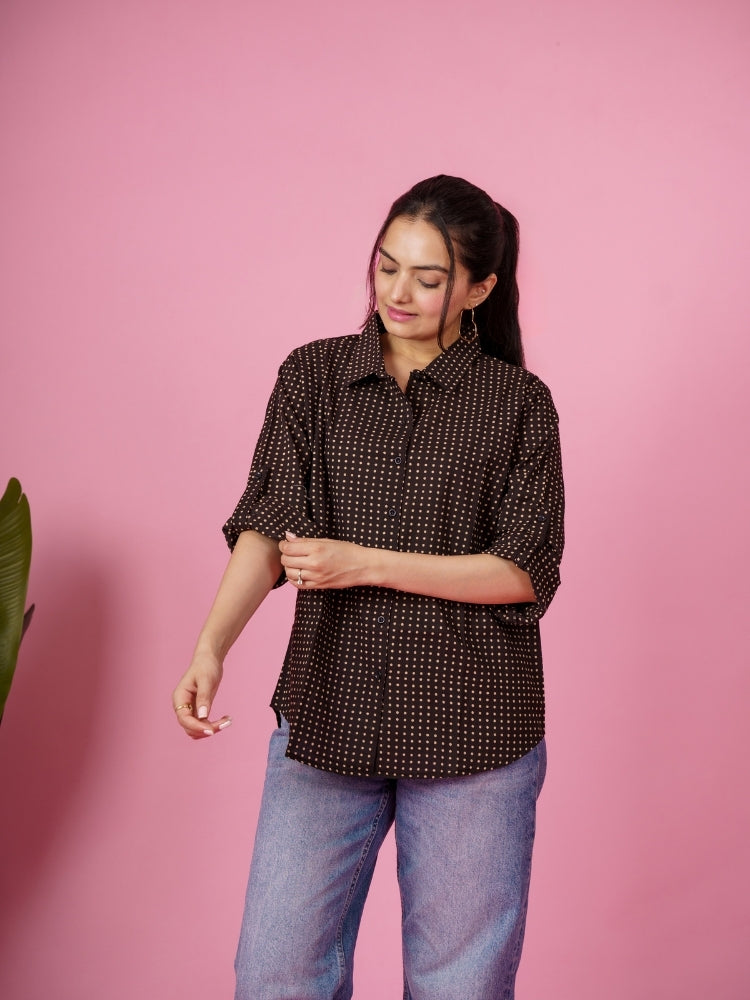 Ekisha Women cotton black dots printed relaxed fit shirt, front view 2