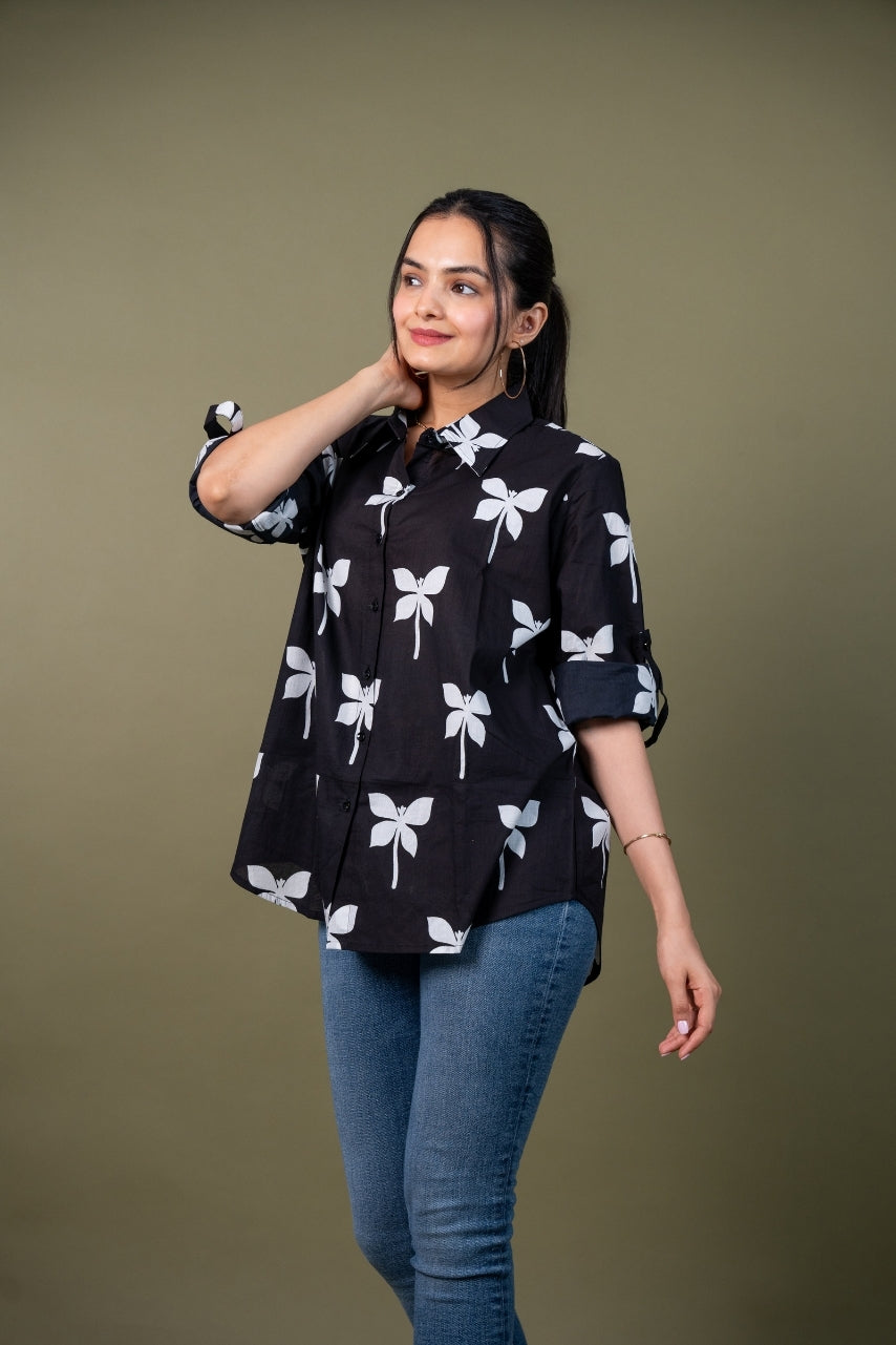 Women cotton black printed relaxed fit shirt, front view 2