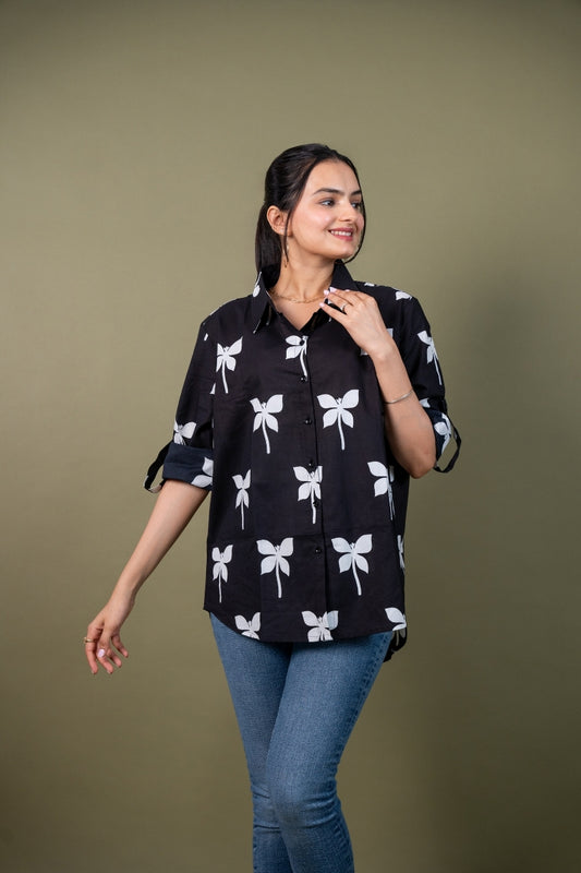 Women cotton black printed relaxed fit shirt, front view 4