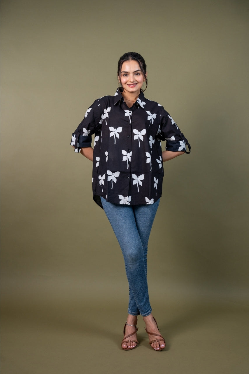 Women cotton black printed relaxed fit shirt, front view 5