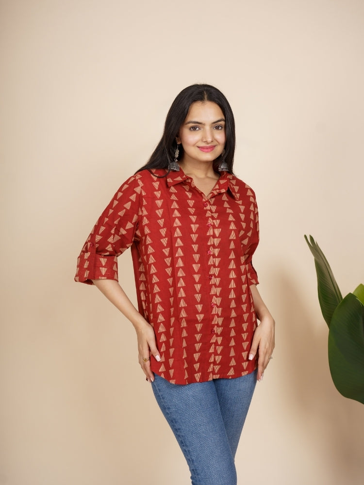Ekisha Women cotton maroon triangle printed relaxed fit shirt, front view 3