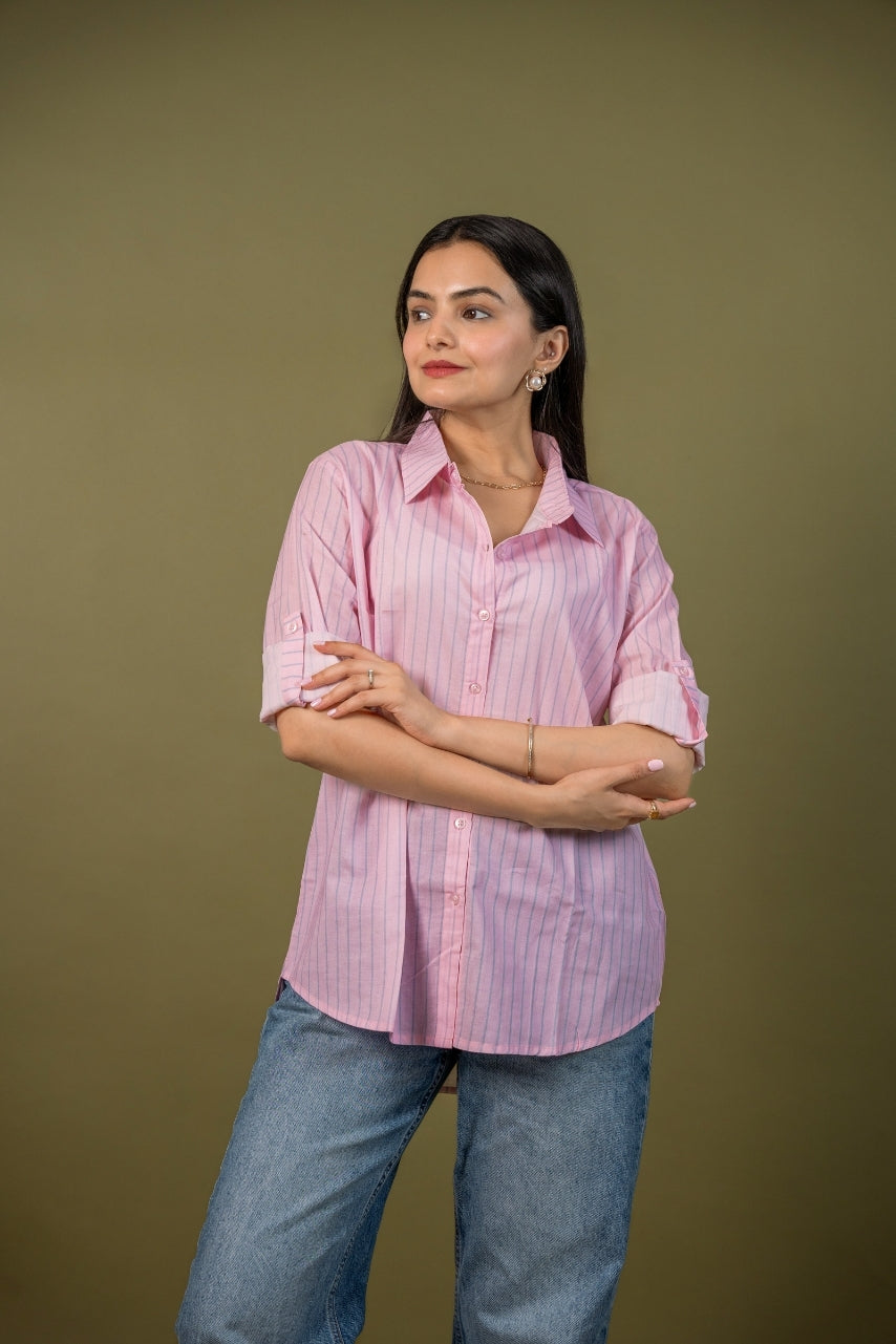 Women cotton pink stripes relaxed fit shirt, front view