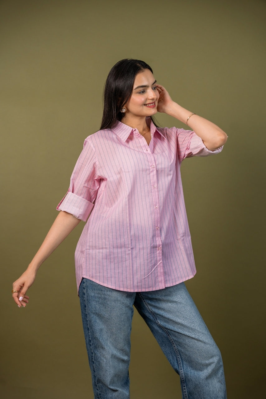Women cotton pink stripes relaxed fit shirt, front view 2