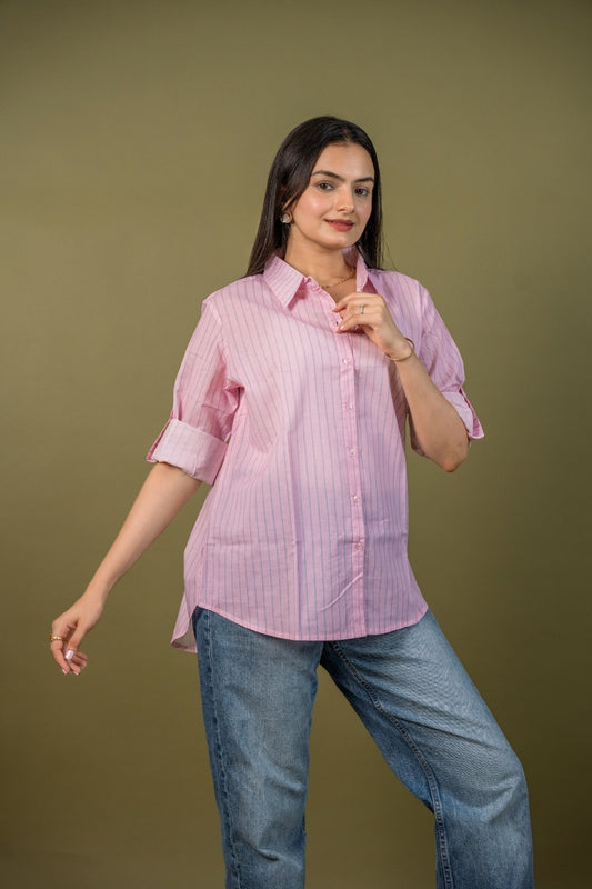 Women cotton pink stripes relaxed fit shirt, front view 5