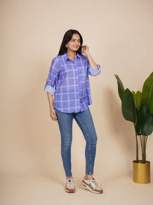 Ekisha Women cotton purple checks printed relaxed fit shirt, side view